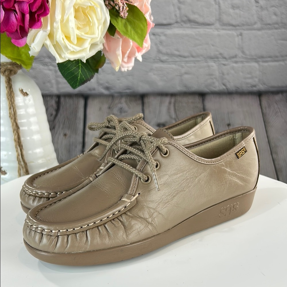 SAS SIESTA (WIDE) Mocha Handsewn Leather Lace Up Orthotic Slip On Flats